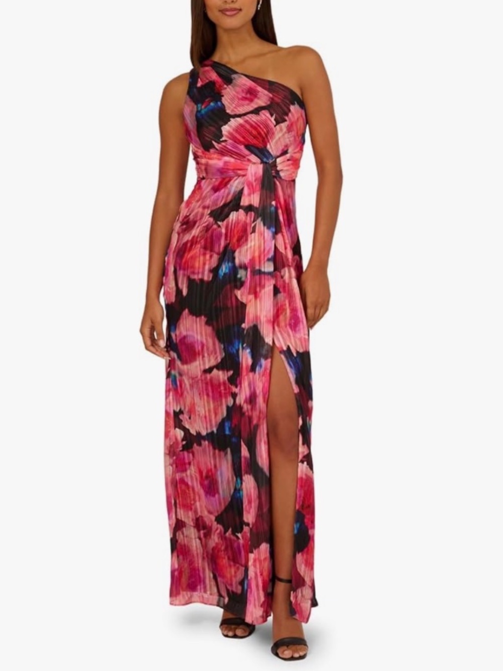 Adrianna Papell Pink Floral One-Shoulder Gown with Knot Waist